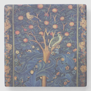 William Morris Woodpecker Tapestry Blue Design Stone Coaster