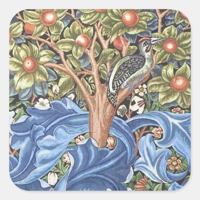 William Morris Woodpecker Tapestry Floral Vintage Square Sticker (Front)