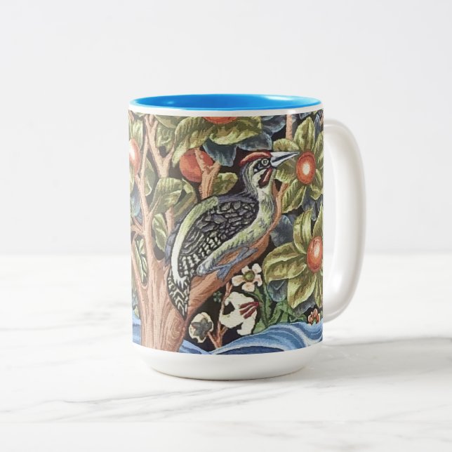 William Morris Woodpecker Tapestry Floral Vintage Two-Tone Coffee Mug (Front Right)