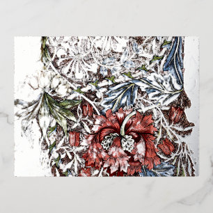 William morris wreath floral textile art red blue foil holiday postcard