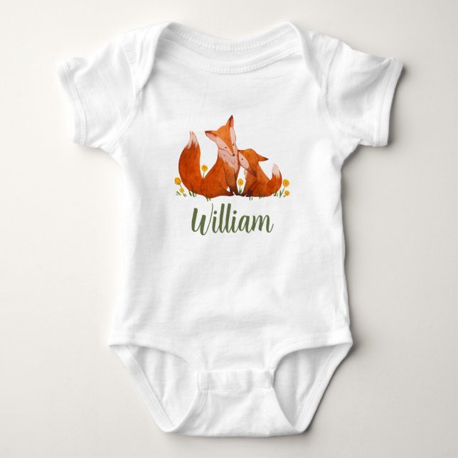 William Name Reveal Fox Forest Animal Boy Woodland Baby Bodysuit (Front)