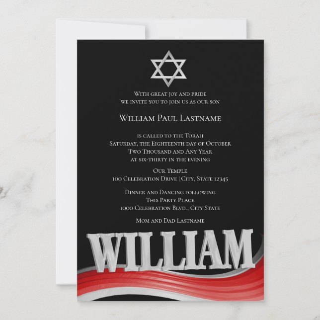 William Steel Wave Red Bar Mitzvah Invitation (Front)