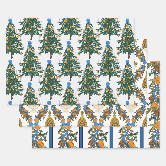Williamsburg Christmas Blue and Orange Wrapping Paper Sheet (Set)