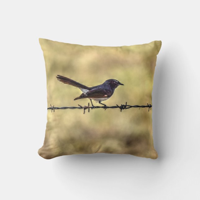 WILLIE WAGTAIL ON FENCE QUEENSLAND ART EFFECTS CUSHION (Front)