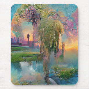 Willow and wisteria by the pond at sunset Mouse Pad