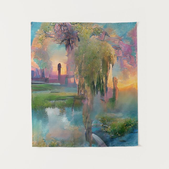  Willow and wisteria by the pond at sunset   Tapestry (Front)