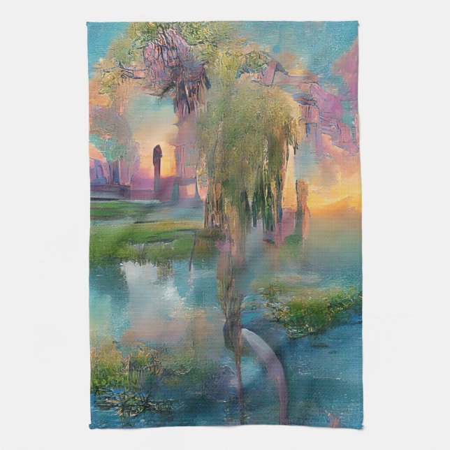  Willow and wisteria by the pond at sunset  Tea Towel (Vertical)