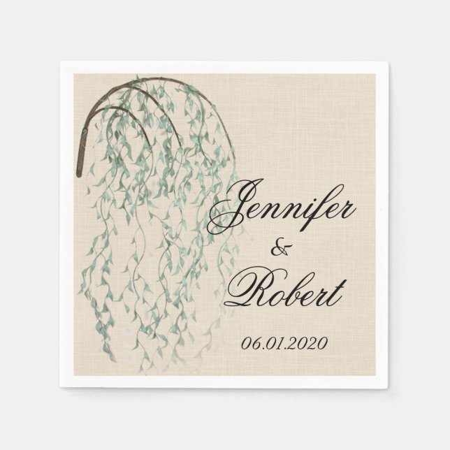 Willow Branch on Linen Wedding Napkin (Front)