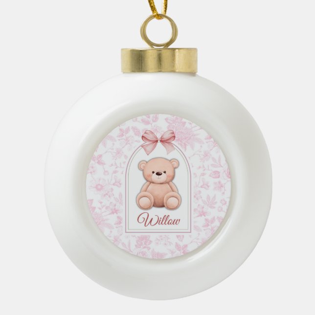 Willow | Custom Pink Teddy Bear Nursery Design  Ceramic Ball Christmas Ornament (Front)