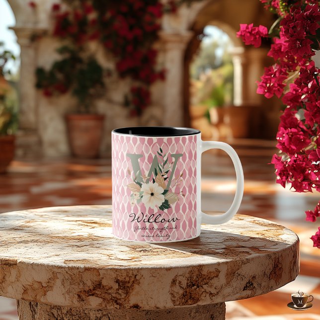 Willow Gentle Strength, Boho Chic Floral Monogram Two-Tone Coffee Mug (Creator Uploaded)
