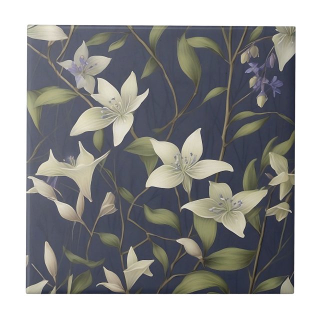 Willow Leaves and Woodland Blooms Pattern Ceramic Tile (Front)