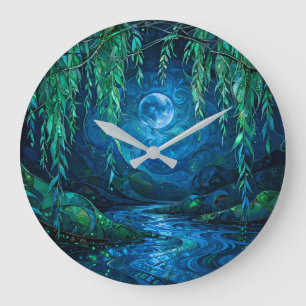 Willow Moon Saille Flowing River Green Blue Night Large Clock