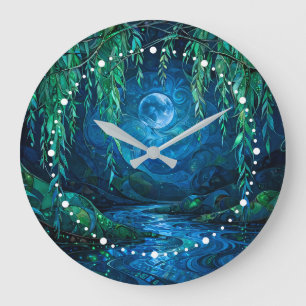 Willow Moon Saille Flowing River Green Blue Night Large Clock