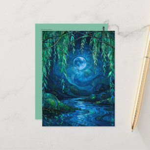 Willow Moon Saille Flowing River Green Blue Night Postcard
