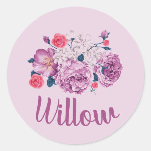 Willow Name Floral Custom Vintage Flower Girl Pink Classic Round Sticker