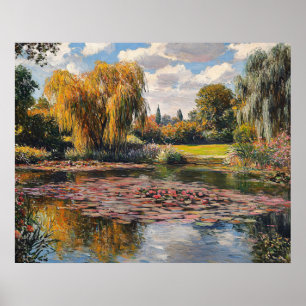 Willow Tree and Lily Pads Landscape Painting Poster