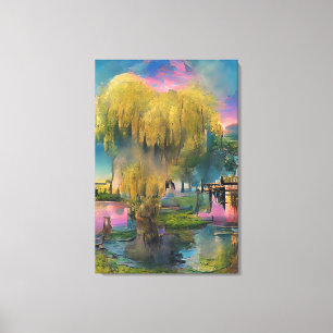 Willow tree at sunset by the pond canvas print