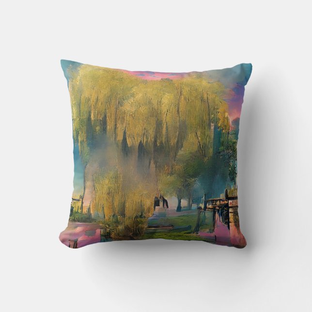 Willow tree at sunset by the pond  cushion (Front)