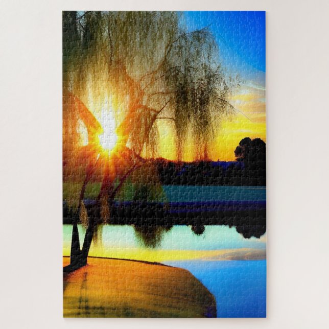 Willow tree at sunset by the pond jigsaw puzzle (Vertical)