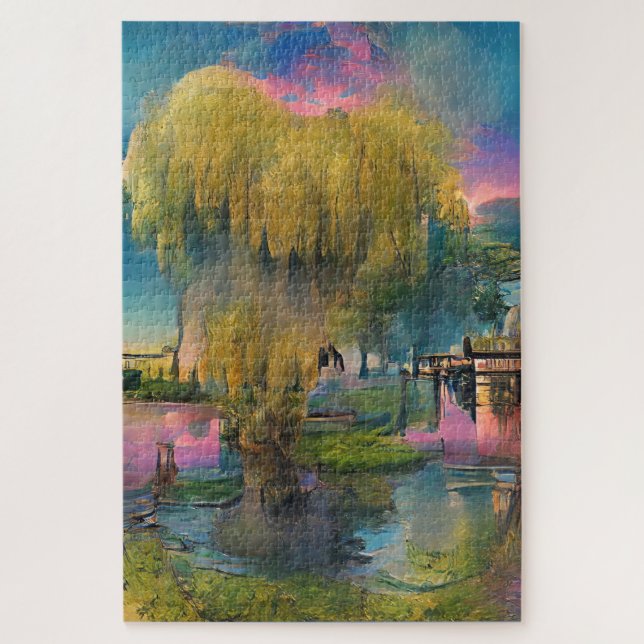 Willow tree at sunset by the pond  jigsaw puzzle (Vertical)