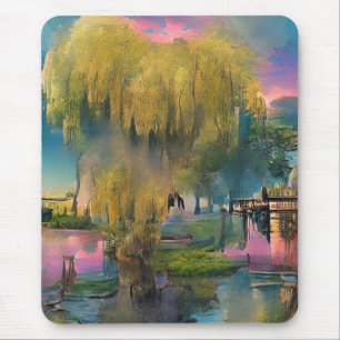 Willow tree at sunset by the pond    mouse pad