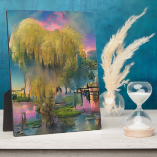 Willow tree at sunset by the pond plaque