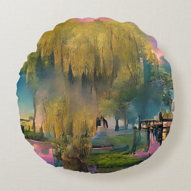 Willow tree at sunset by the pond  round cushion (Front)