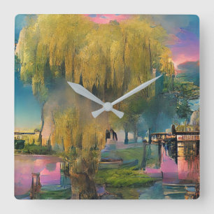 Willow tree at sunset by the pond square wall clock