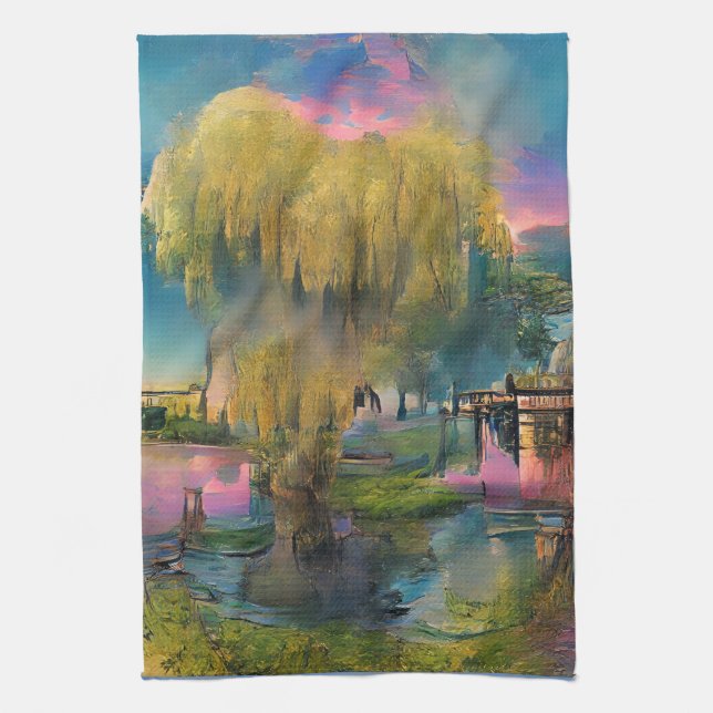 Willow tree at sunset by the pond  tea towel (Vertical)