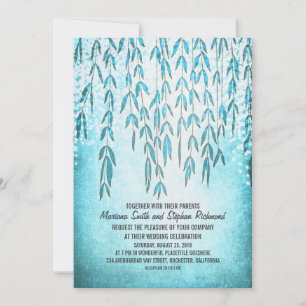 Willow Tree Branches Blue String Lights Wedding Invitation