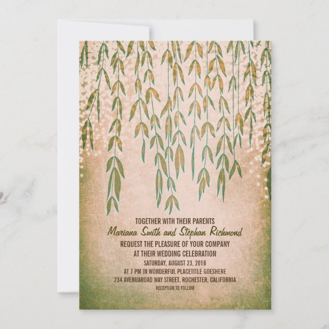 Willow Tree Branches String Lights Wedding Invites (Front)