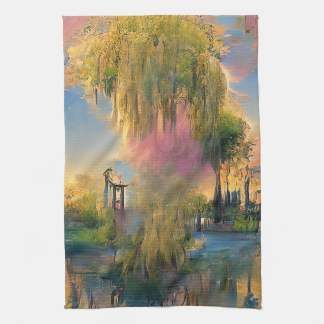  Willow tree of the future at sunset  Tea Towel (Vertical)
