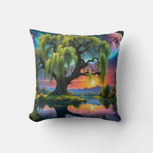 Willow tree under a Full Moon N Starry sky Sunset Cushion