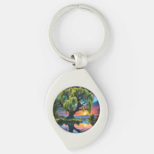 Willow tree under a Full Moon N Starry sky Sunset Key Ring