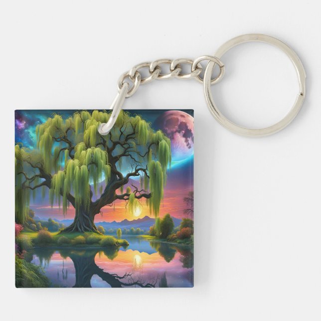 Willow tree under a Full Moon N Starry sky Sunset Key Ring (Back)