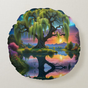 Willow tree under a Full Moon N Starry sky Sunset Round Cushion