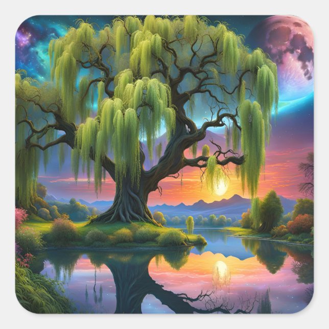 Willow tree under a Full Moon N Starry sky Sunset Square Sticker (Front)