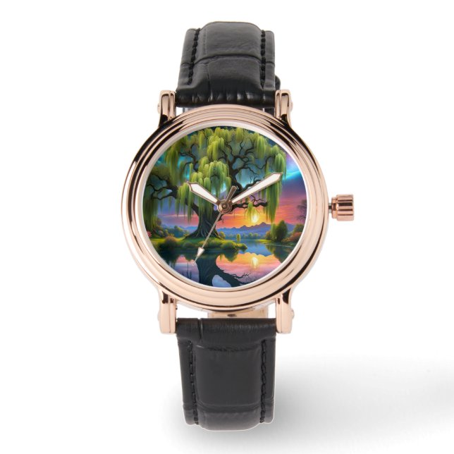 Willow tree under a Full Moon N Starry sky Sunset Watch (Front)