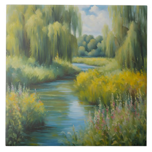 Willow Trees and Wildflowers near River in Summer Ceramic Tile