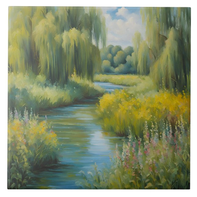Willow Trees and Wildflowers near River in Summer  Ceramic Tile (Front)