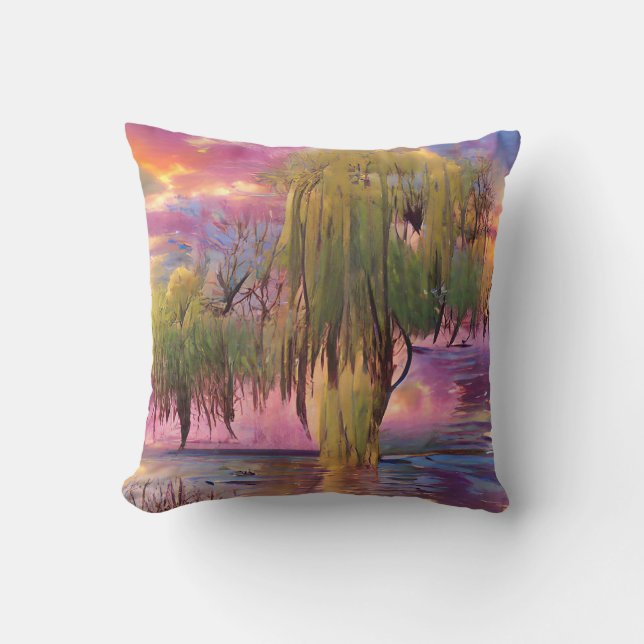  Willow trees at Pink sunset by the pond  Cushion (Front)