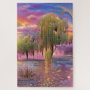 Willow trees at Pink sunset by the pond Jigsaw Puzzle
