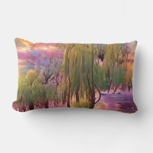 Willow trees at Pink sunset by the pond Lumbar Cushion