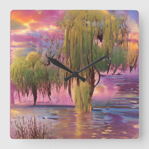 Willow trees at Pink sunset by the pond Square Wall Clock