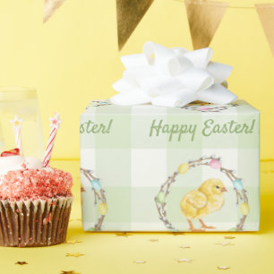 Willow Wreath And Chick Happy Easter Green Gingham Wrapping Paper