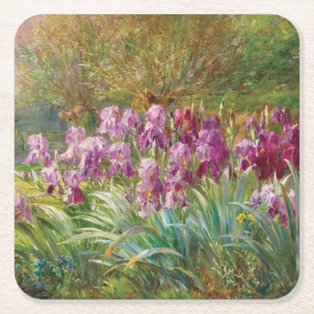 Willows and Irises by a Creek Square Paper Coaster (Front)