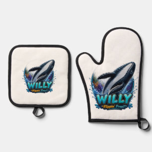 Willy Whale – Flippin’ Free. Funny Oven Mitt & Pot Holder Set