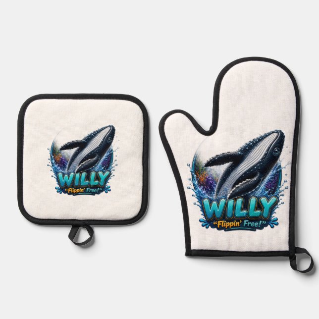 Willy Whale – Flippin’ Free. Funny Oven Mitt & Pot Holder Set (Front)