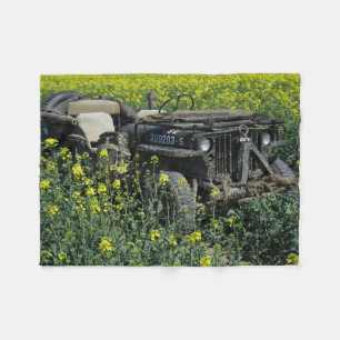 Willys MB Jeep In Rapeseed Field Fleece Blanket