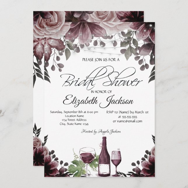 Wime bottle Glass Lights Floral Bridal Shower Invitation (Front/Back)